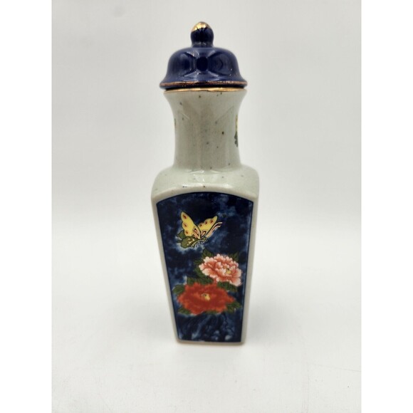 Vintage Japanese Square Bottle Decanter With Lid Butterfly Flowers Blue Gray - Picture 2 of 9